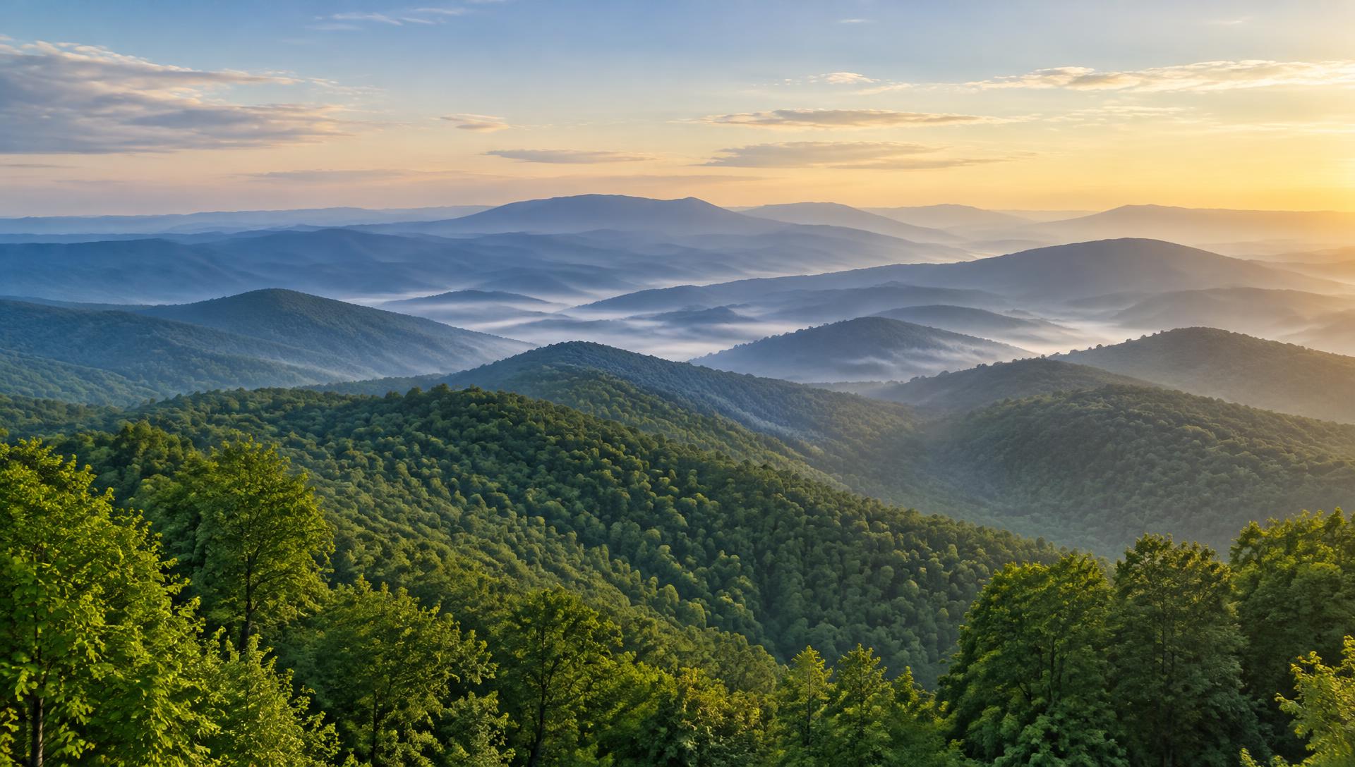 Misty North Carolina foothills at sunrise